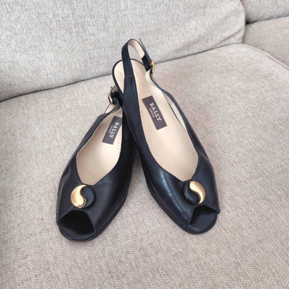 Bally Black and Gold Flats with Slingback Design